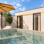 Terraço com piscina representada no projeto — visualização 3D, Monte Branco, Messines